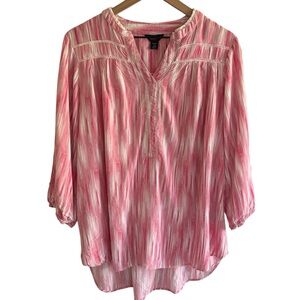 Intro Pink Ikat Tunic Top 1X Pullover 3/4 Sleeve Split Neck Boho Peasant